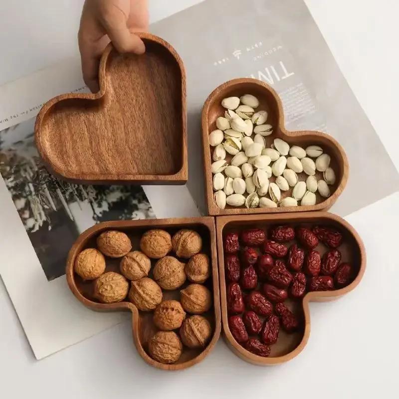 2025 New Candy Solid Wood Tray Stackable Dried Fruit Box Solid Fruit Tray Creative Walnut Tray Love Shaped Candy Box Whole Wood
