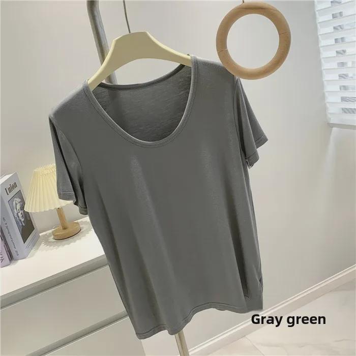 Modal Cotton Women's Grey-Green Loose Short Sleeve Round Neck Top - Soft, Skin-Friendly, and Versatile for Inner or Outer Wear.