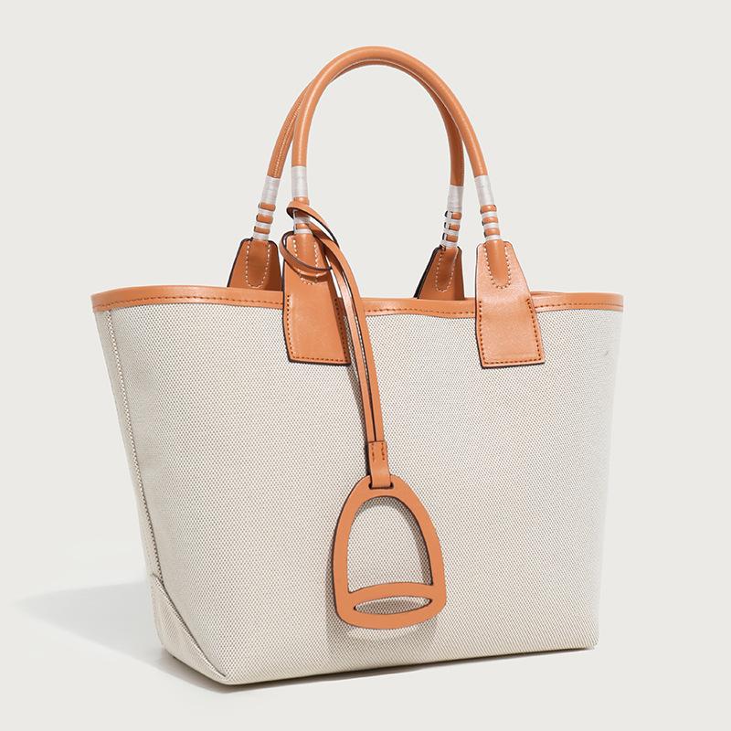 2025 New High-End Fashion Canvas Handbag for Women, Single-Shoulder Large-Capacity Patchwork Leather Versatile Commuting Tote Bag