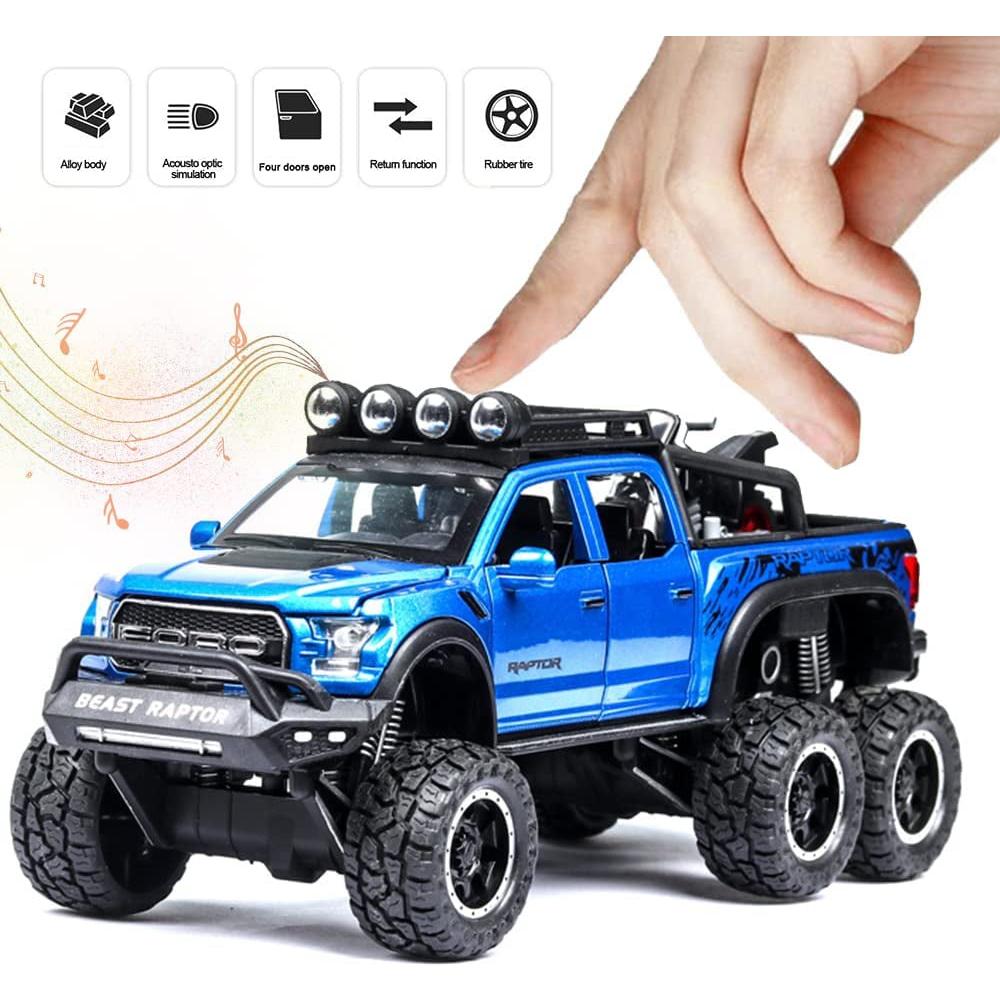 1/24 Scale Toy Pickup Trucks, Truck Toy, Ford F150 Diecast Metal Pickup with Sound and Light, 6x6 Off-Road Pull Back Trucks with Motorcycle for Kids
