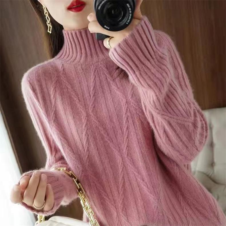 

Cable Knit Sweater Women Autumn Winter Semi High Neck Korean Loose Solid Thick Outerwear Knit Top One Size розовый