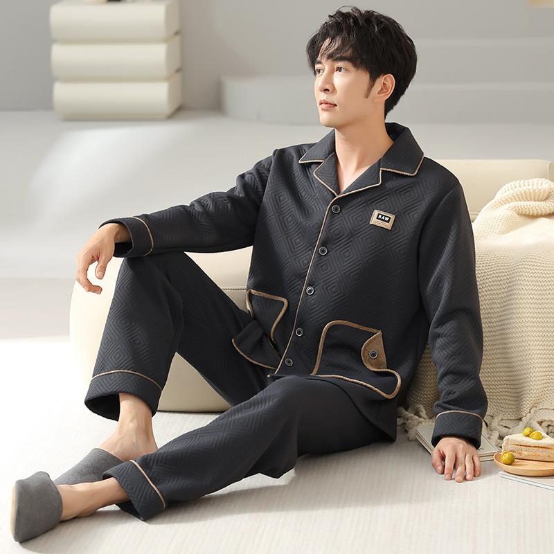 Pajamas Men'S Spring And Autumn Thickened Pure Cotton Interlayer Air Cotton Homewear Men'S Autumn And Winter Interlayer Middle-Aged Dad Suit