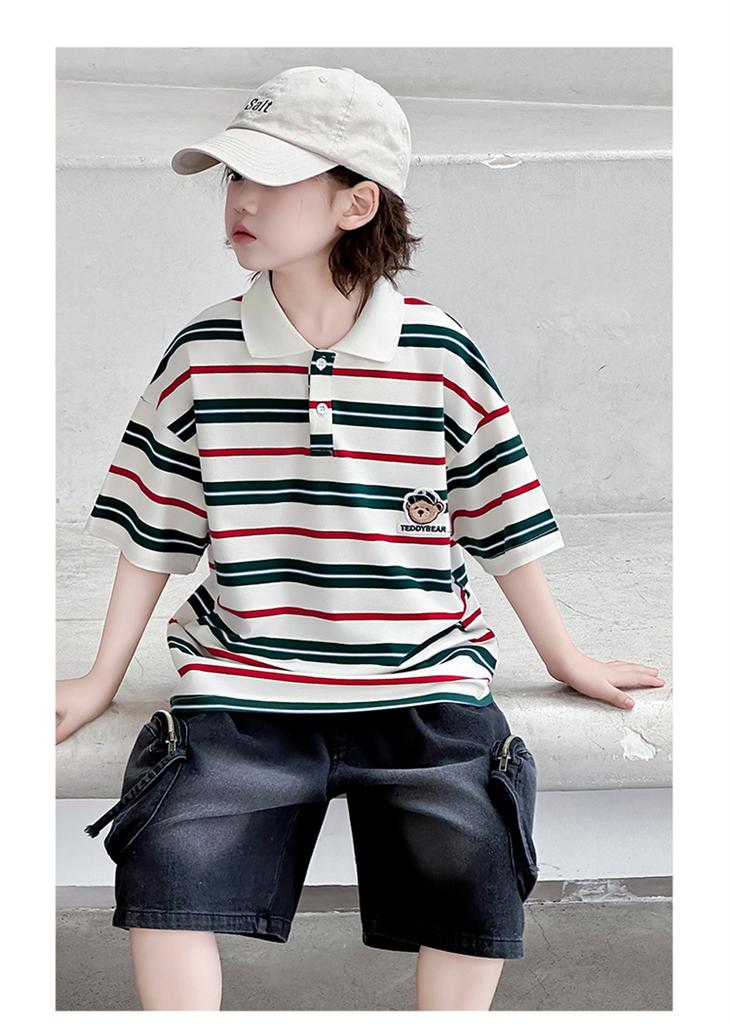 Boys' short sleeved T-shirt for summer 2026, new mid size children's striped T-shirt, thin children's summer polo shirt