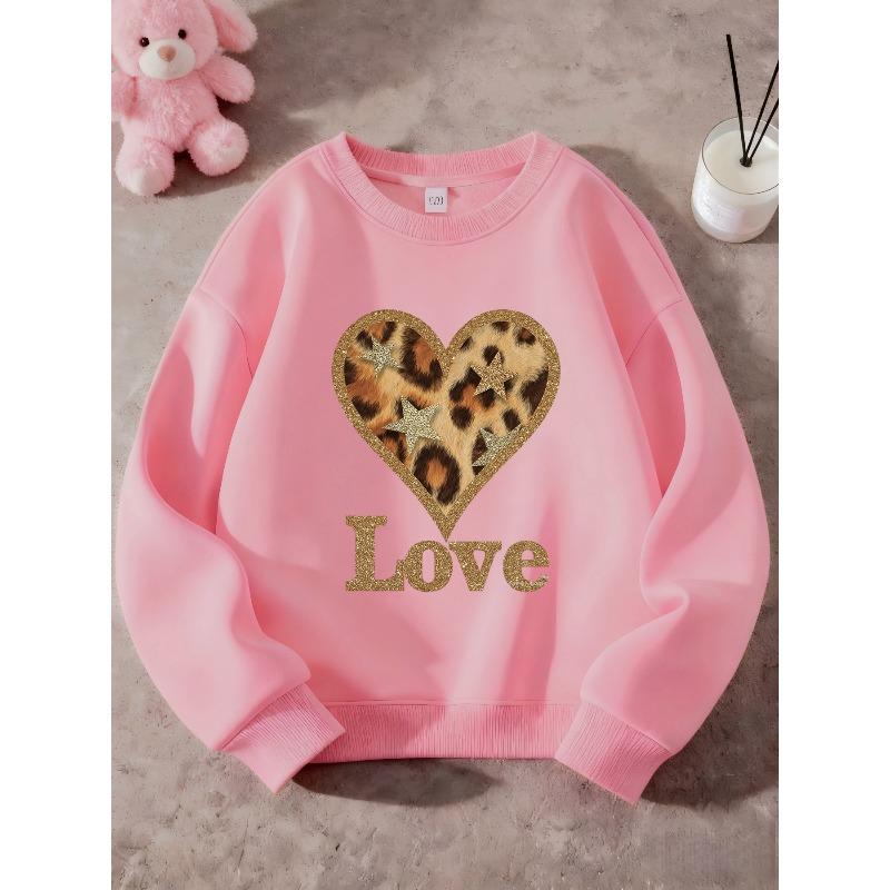 Kids Unisex Black Crewneck Sweatshirt, Glitter Leopard Heart Star Love Print Long Sleeve Pullover, Soft Sweatshirt for Boys Girls Over 4 Years Old