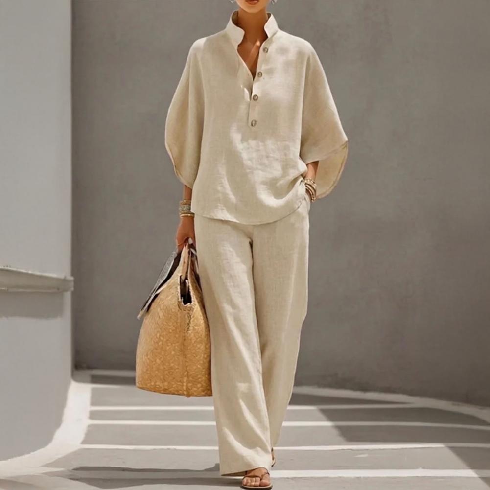 Completo da Donna in Lino a Due Pezzi con Maniche ad Ala di Pipistrello, Camicia Casual e Pantaloni a Gamba Larga, Outfit per Vacanze Estive, Set da Relax