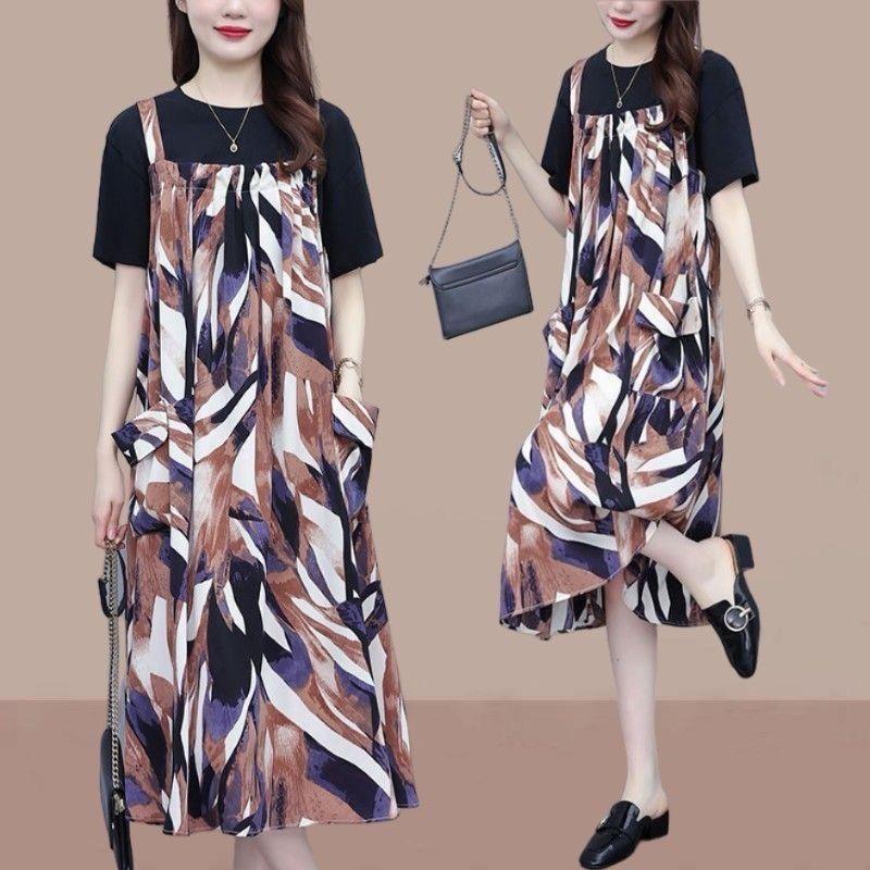 Two Piece Set Casual Loose Matching Sets Summer O-Neck Short Sleeve Women's Clothing Printed Stylish Shirring Midi Dress Sets