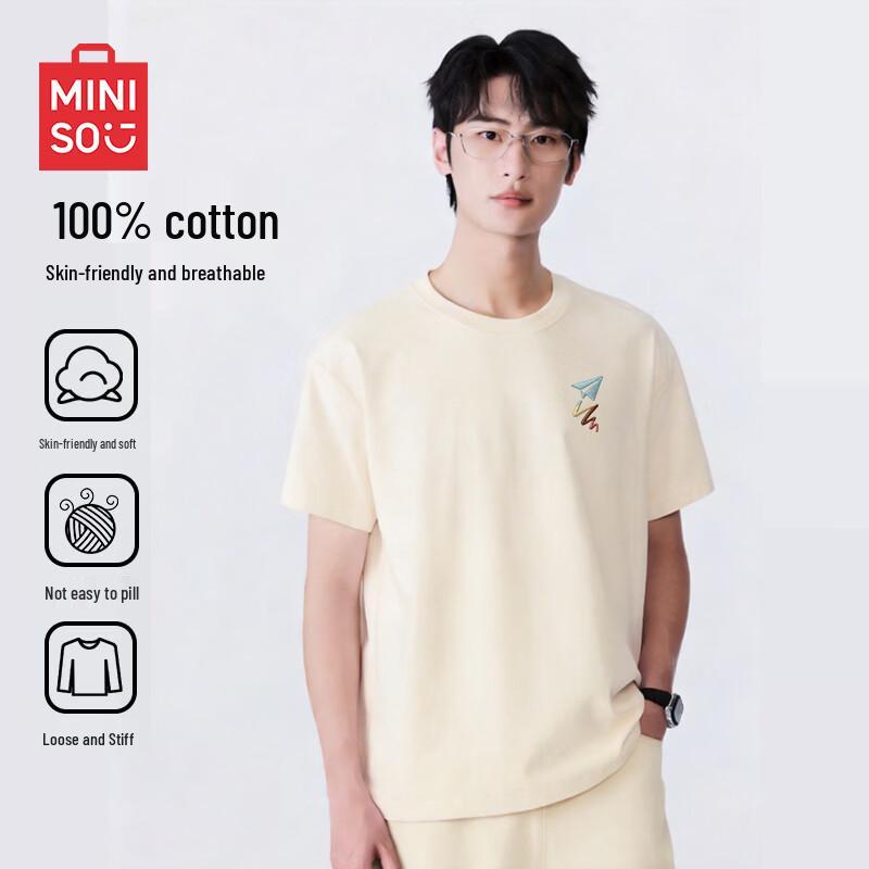 MINISO Men s Casual Round Neck Combed Cotton T-Shirt with Chest Print 4XL