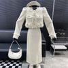 Spliced Round Neck Top Solid Color A-line Skirt Set Two-piece