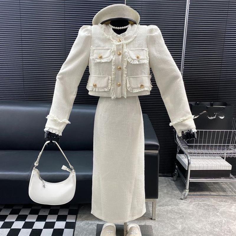 Spliced Round Neck Top Solid Color A-line Skirt Set Two-piece