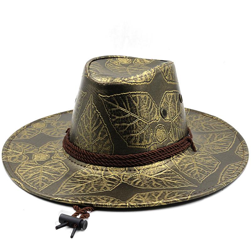 Maple Leaf Printed Leather Sunshade Western Cowboy Hat Men's and Women's Tibetan Big Edge Hat Outdoor Spring and Autumn Winter Leisure Beach Hat