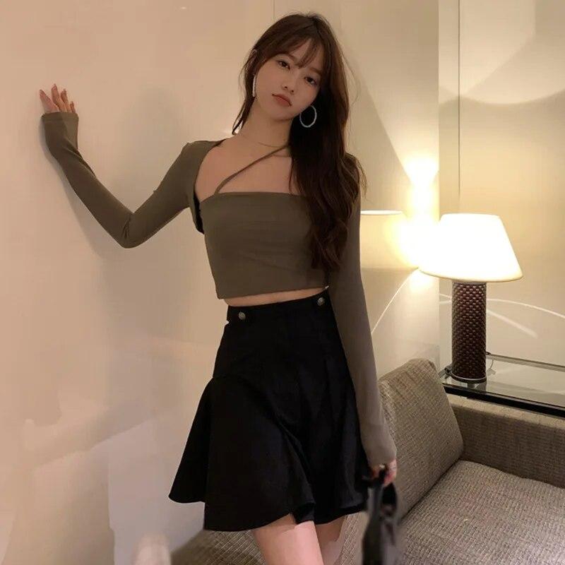 Women's Top Patchwork Crop Top Slim Fit Chic & Elegant Autumn Outfit Solid Color Square Neck Casual T Shirts