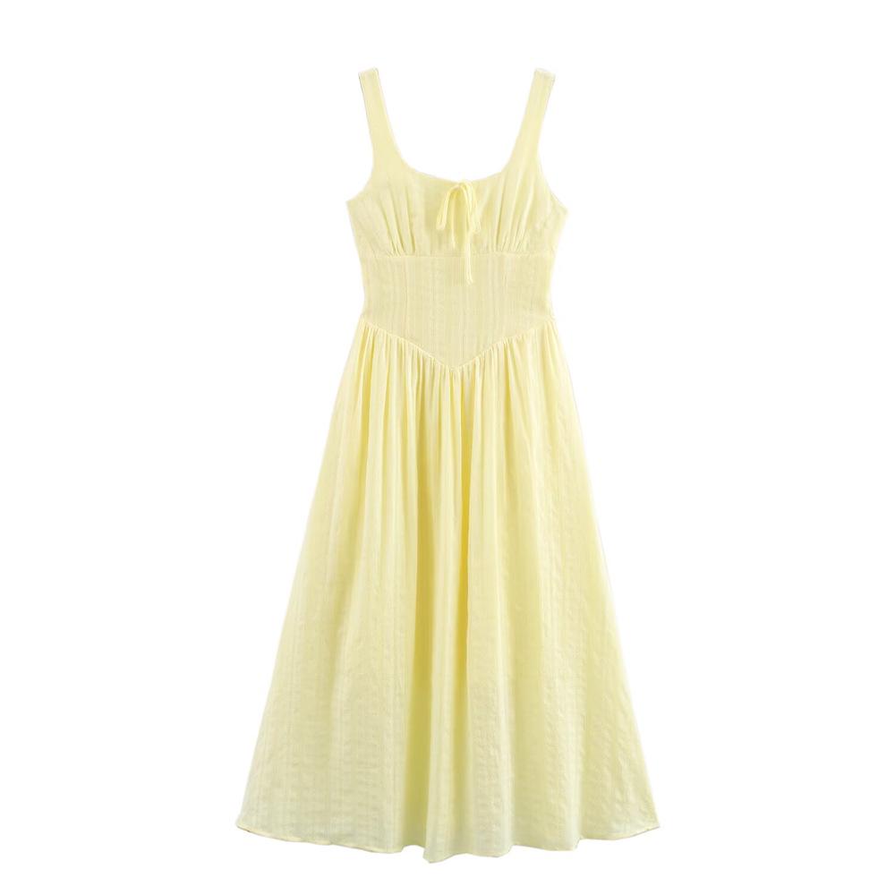 

2025 Spring Women s Sweet Textured Fabric Tie-Front Suspender Dress S жовтий