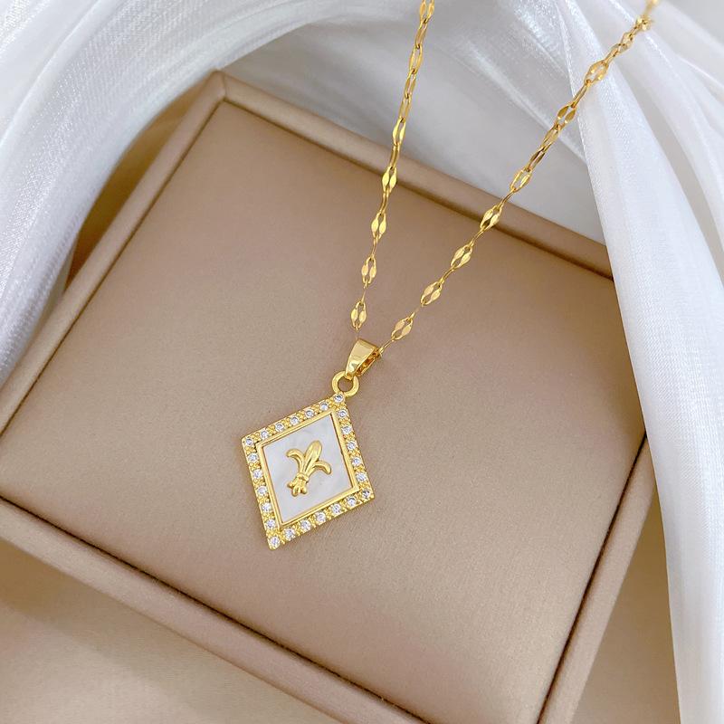 Rhombus Shell Zircon Light Luxury Temperament Gorgeous Full Diamond Necklace Female Versatile Collarbone Chain Titanium Steel Chain