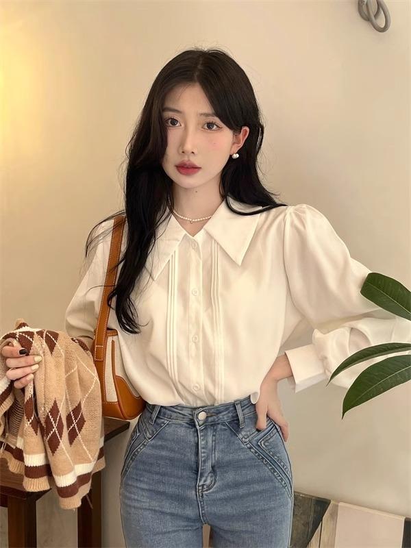 

French white polo collar long-sleeved chic shirt women s autumn and winter design inner shirt temperament casual top S белый