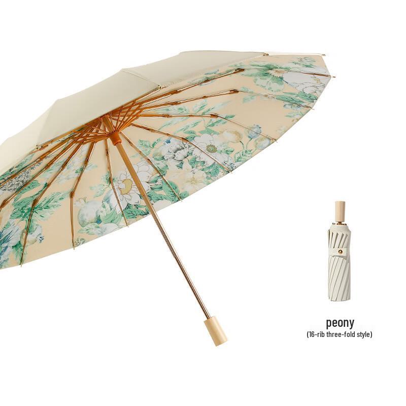 Pu Lian 16-Rib Wooden Handle Floral Sun & Rain Umbrella