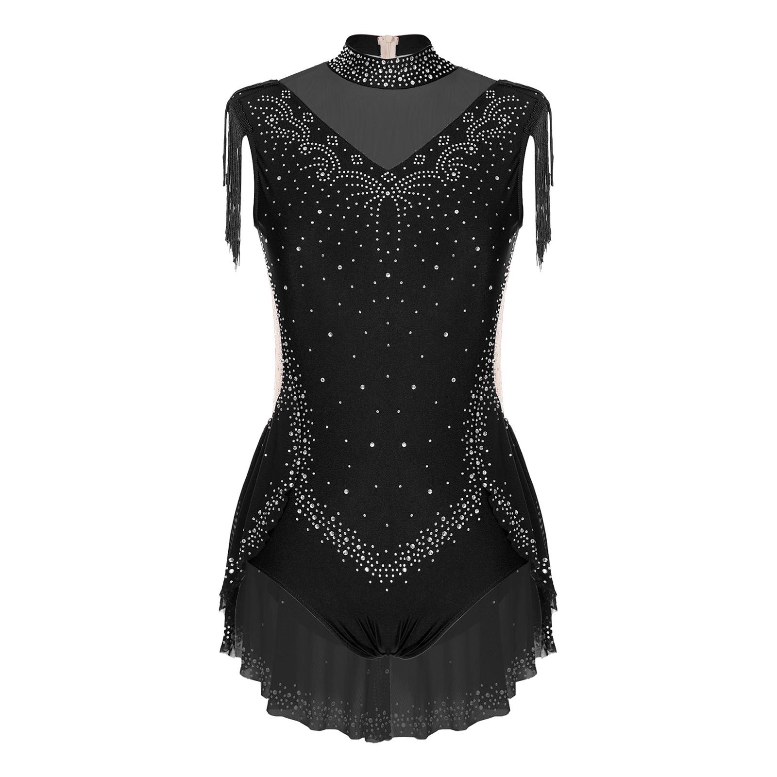 

Жіночий блискучий леотар для танців зі стразами, з коміром-стійкою, без рукавів, з прозорою сітчастою вставкою, печворк, спідниця з китицями, боді S чорний