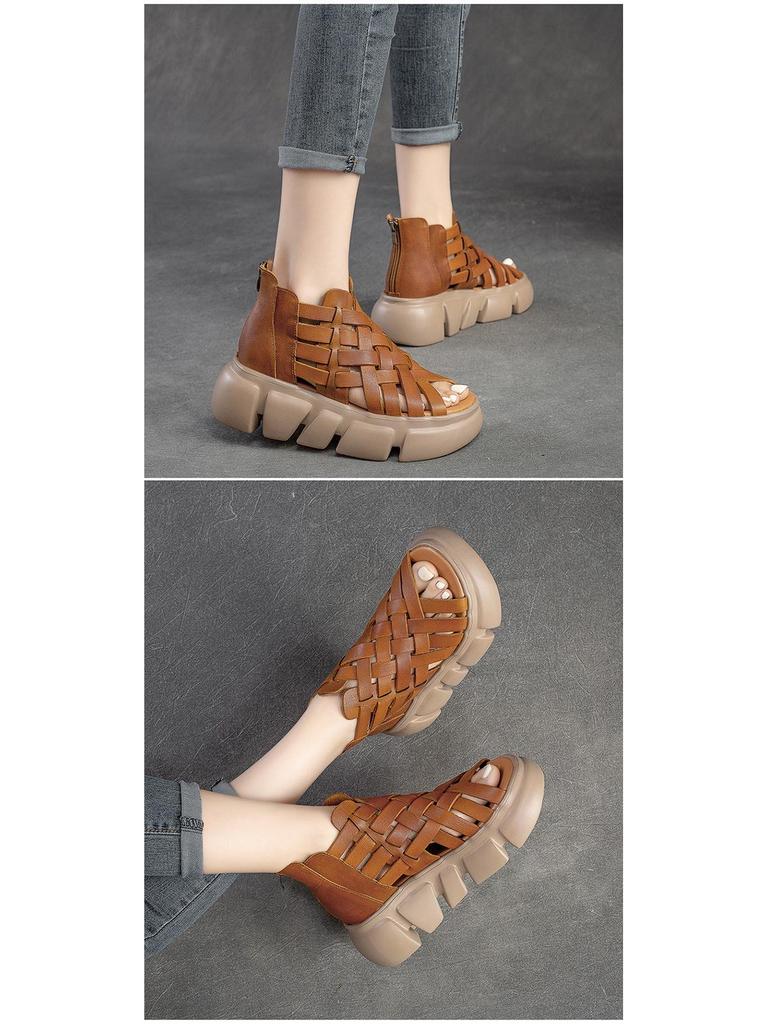 Jiechu Women's Summer Braided Hollow Sandals - Thick Sole, Breathable Candy Colors, Comfortable Roman Style
