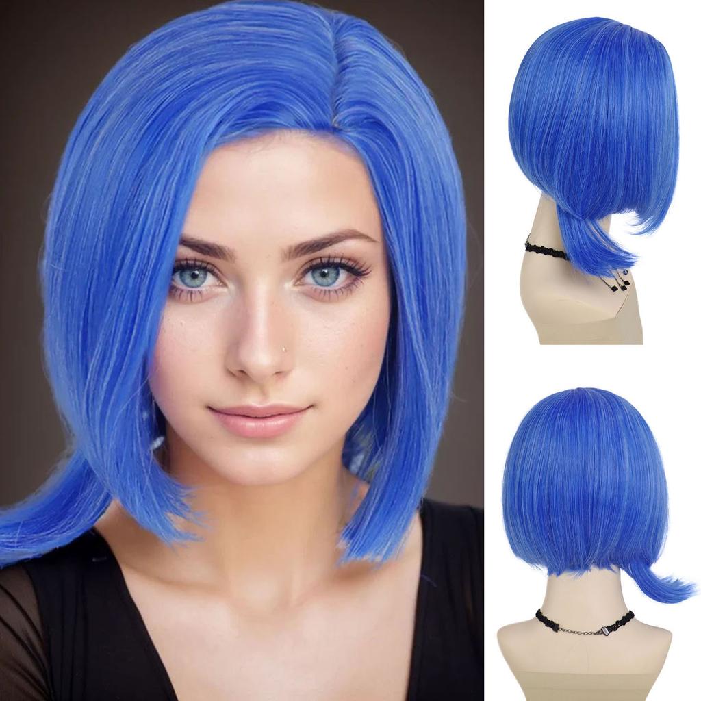 Synthetic Hair Short Straight Blue Bob Cosplay Wigs for Women Anime Cartoon Costume Wig with Glasses Set Halloween Party Use