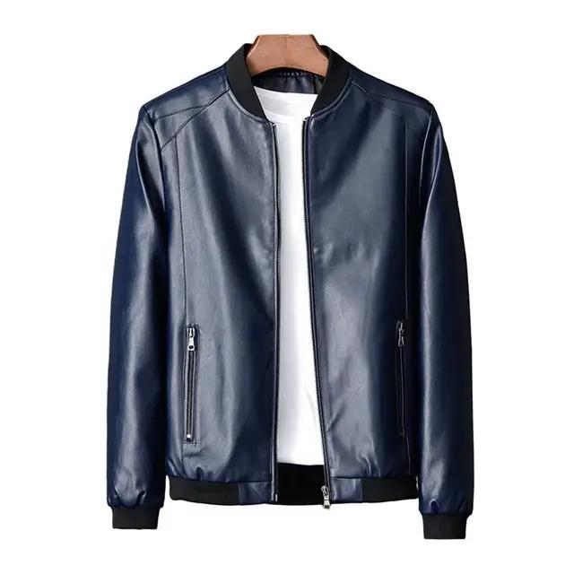 Men's Jacket Fashionable Men's Faux Leather Motorcycle Jacket Windproof Stand Collar Zipper Closure Pocket Autumn and Winter Soft Men