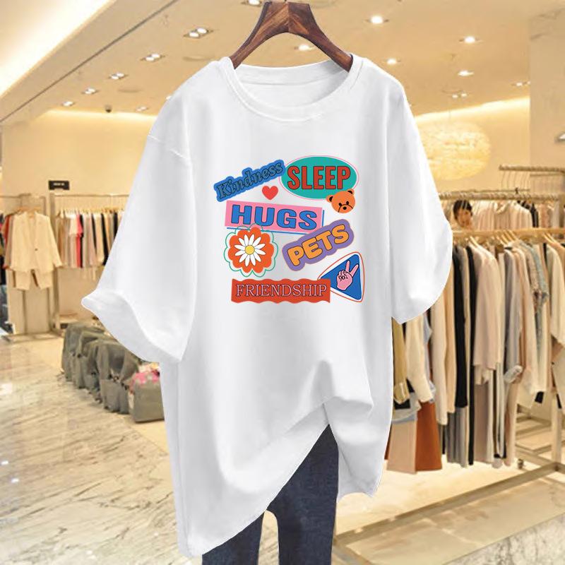 

Cartoon printed white short-sleeved T-shirt women s spring and summer new foreign style versatile casual loose round neck T-shirt bottoming shirt S