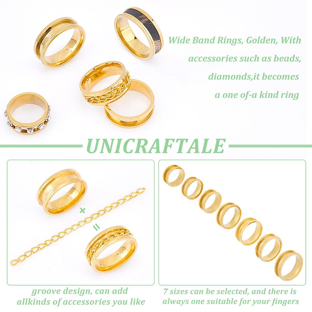 14pcs 7 size Unisex Stainless Steel Grooved Finger Ring Sets, Wide Band Rings, Golden, Inner Diameter: 16~22.1mm, Slot: 4mm, 2Pcs/size
