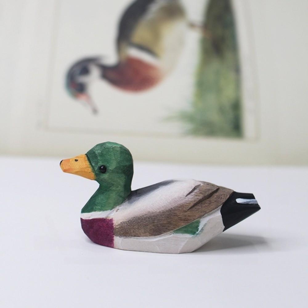 Mini Green-headed Duck Statue Handmade Desktop Ornament Wooden Duck Figure  Tabletop Display
