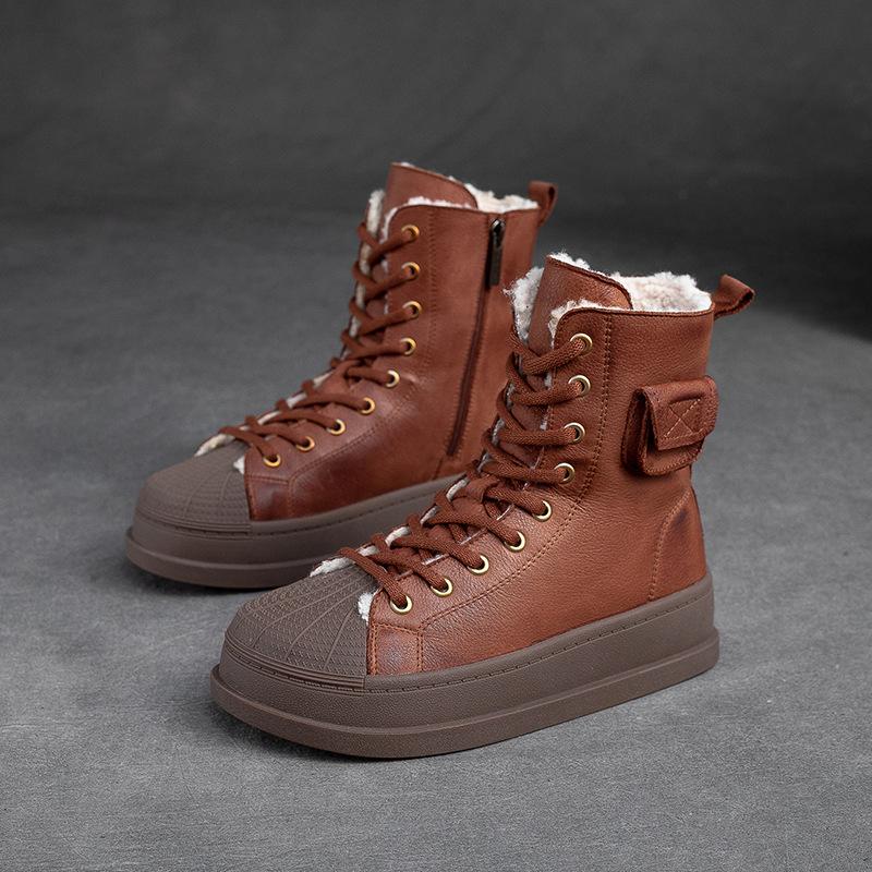 Johnature Winter Plüsch Warme Baumwollstiefel Echtes Leder Runde Zehen Dickbesohlte Kurze Damenstiefel