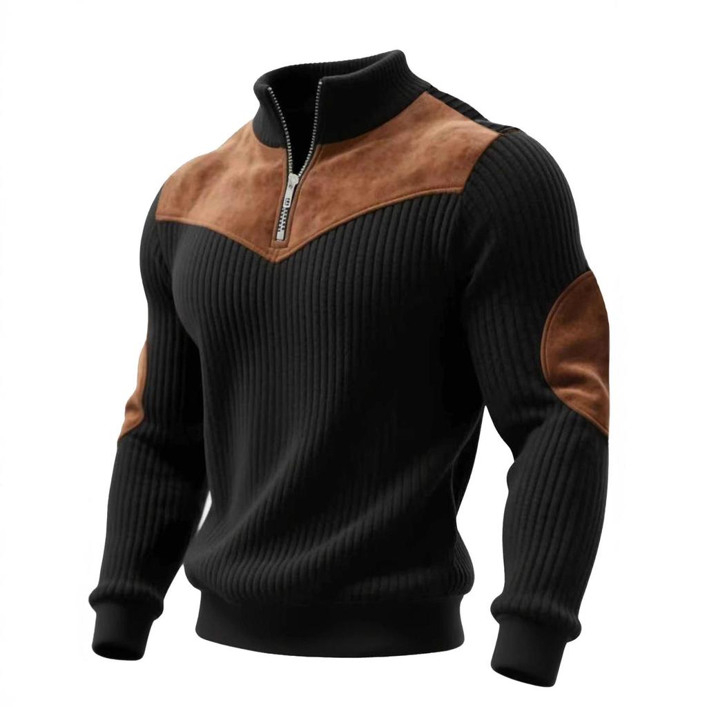 Men's Retro Stand-Up Collar Ribbed Pullover - Half-Zip, Warm Patchwork for Autumn/Winter Christmas Gift