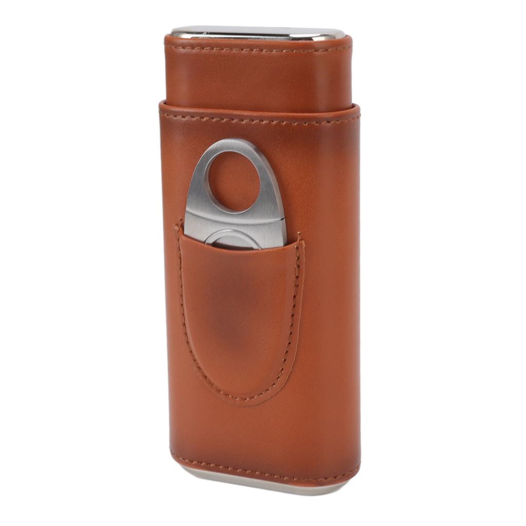 3 Finger Cigar Case Iron Cover Portable Soft Glossy Leather Cigar Holder Case with Cutter for