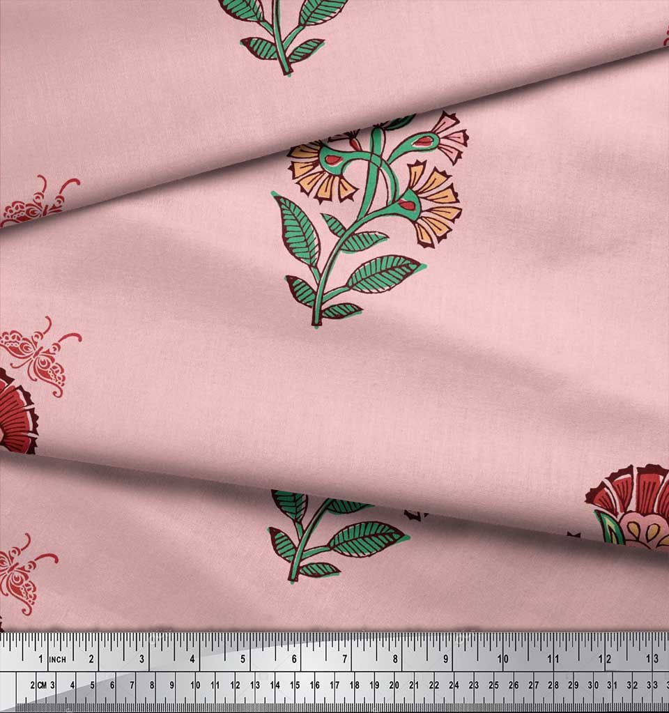 Soimoi Blue Japan Crepe Satin Fabric Insect|Leaves & Floral Block Print Fabric by Yard 42 Inch