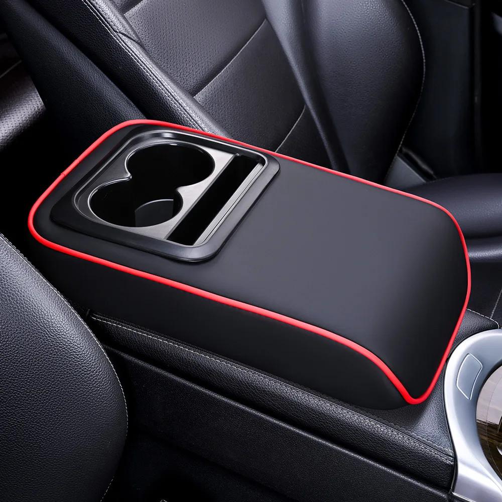 2 in 1 Car Armrest Cushion with Cup Holders, PU Leather Center Console Pad, Portable Height Adjustable Pillow for Comfort Suppor