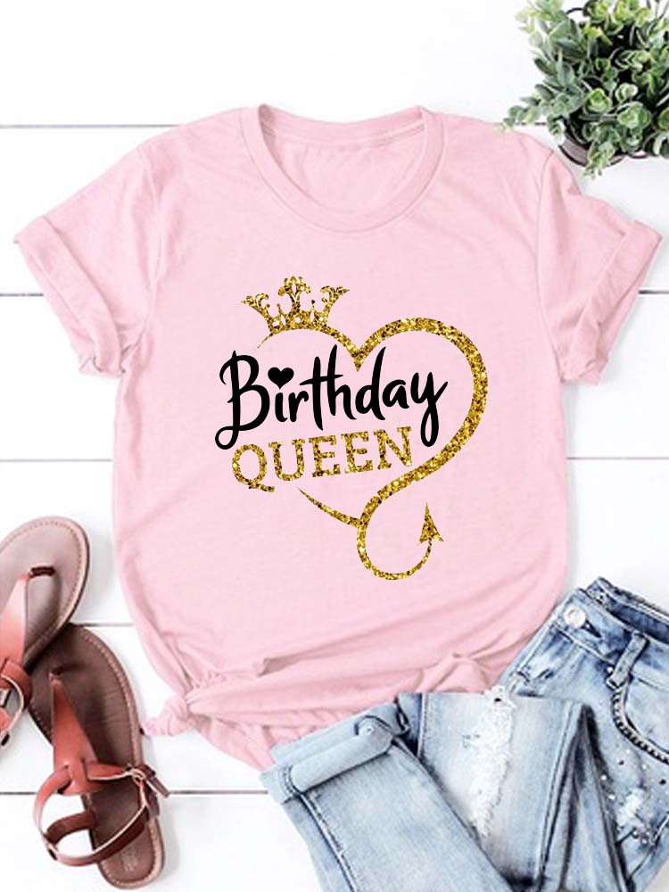 

Birthday Gift for Girls Birthday Queen Graphic Print Tshirt Womens Clothing Harajuku Summer Short Sleeves Crew Neck TShirt S