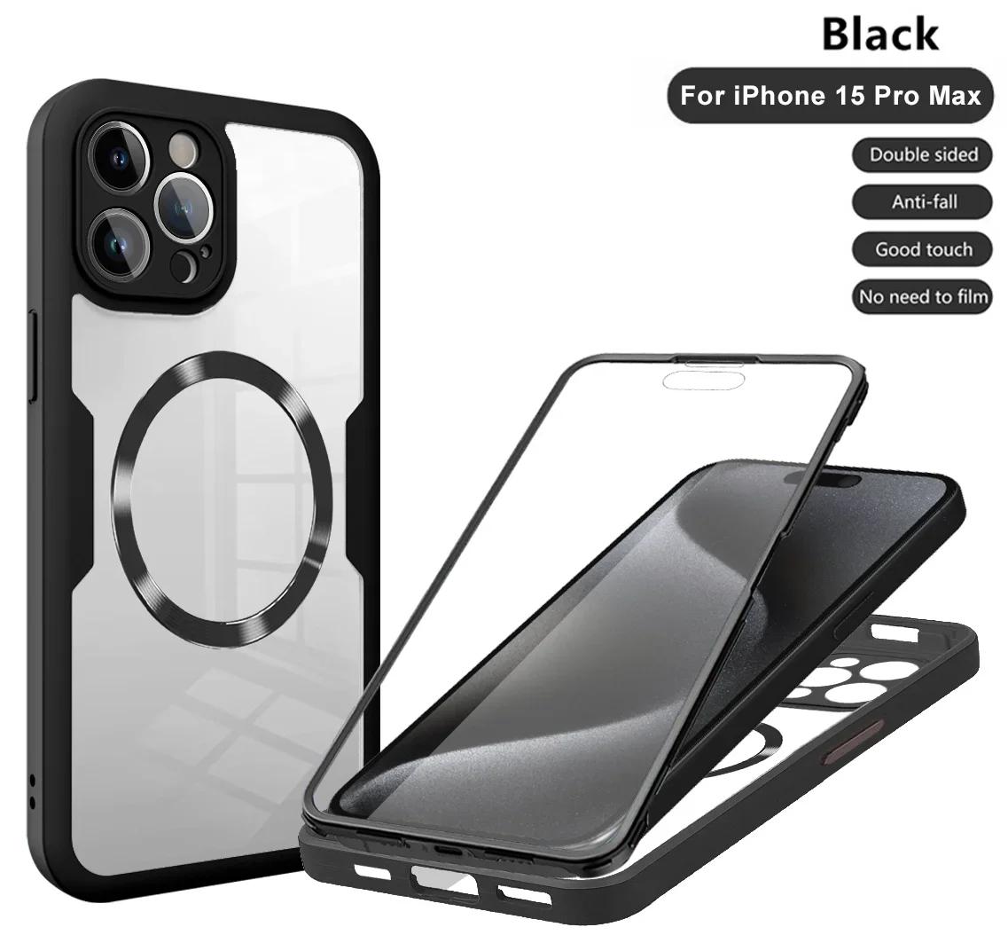 Magnetisch Für Magsafe 360 Vollkörper Vorne+Hinten Klare Hülle Für iPhone 16 15 11 12 13 14 Pro Max Silikon Bumper Stoßfeste Abdeckung For iPhone 14 Pro gray