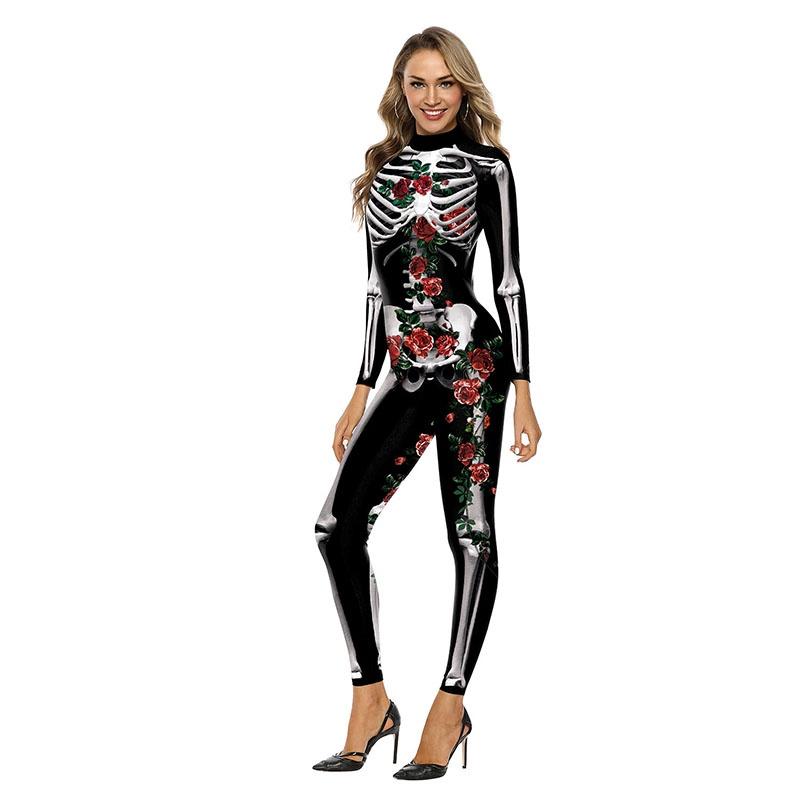 

Skeleton Jumpsuits Adult Long Sleeve Zipper Bodysuit Catsuit Halloween Costume Red Flower,S