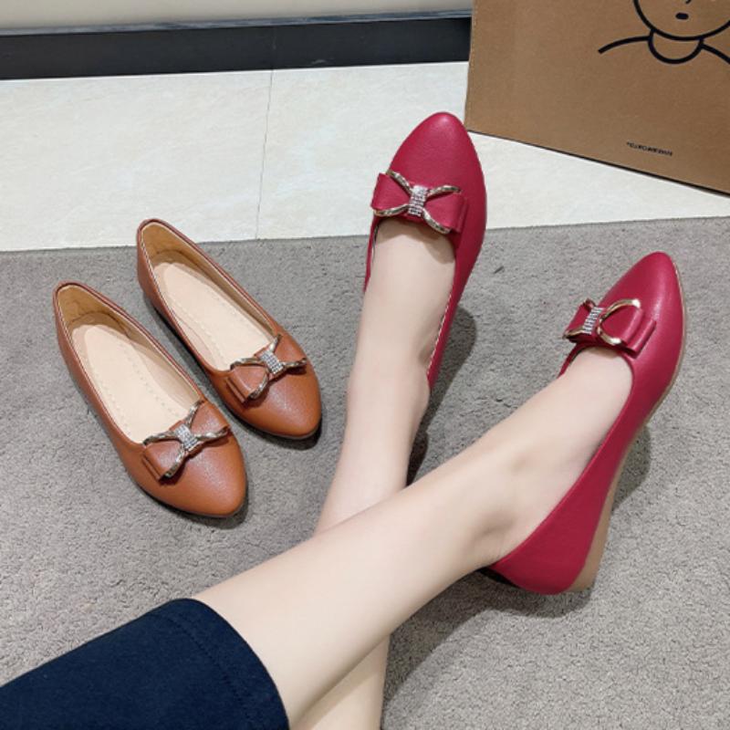 Korean Spring and Summer Fashion Women's Shoes Bowknot Bean Shallow Mouth Pointed Toe Low Heel Flat Bottom Rhinestone Single Shoes