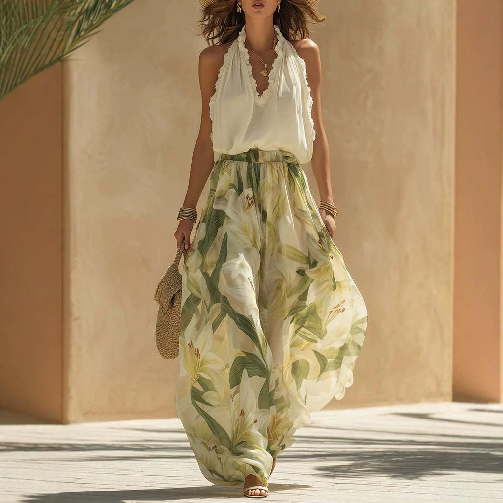 2026 European and American Cross-border Summer New V-neck Waist Ruffle Edge Temperament Top + Dress Set Women's Clothing