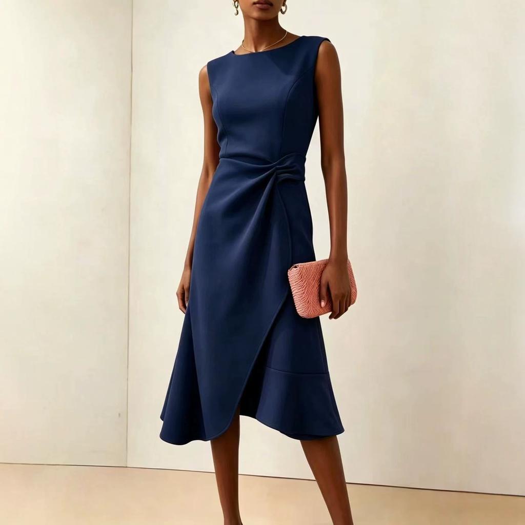 European and American Women's Clothing New Sleeveless Solid Color Crew Neck Dress Medium and Long Dress Women