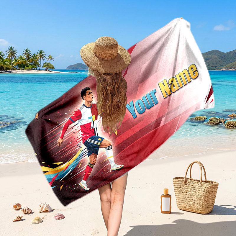 Cristiano Ronaldo Custom Beach Towel, Personalized Name Text Print, Football Logo Soft Quick‑Dry Towel Holiday Gift
