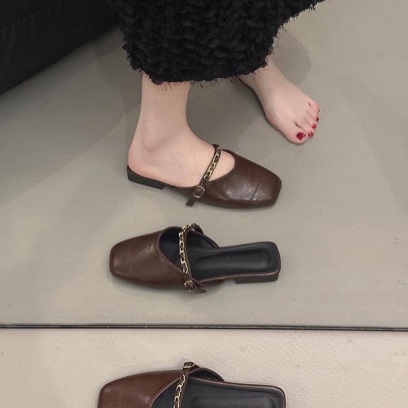 Spring 2025 New One-pedal Half-slippers Women's Korean Version Fashion Chain Flat-bottomed Outer Wear Bag Head Sandals Bag Head Shoes
