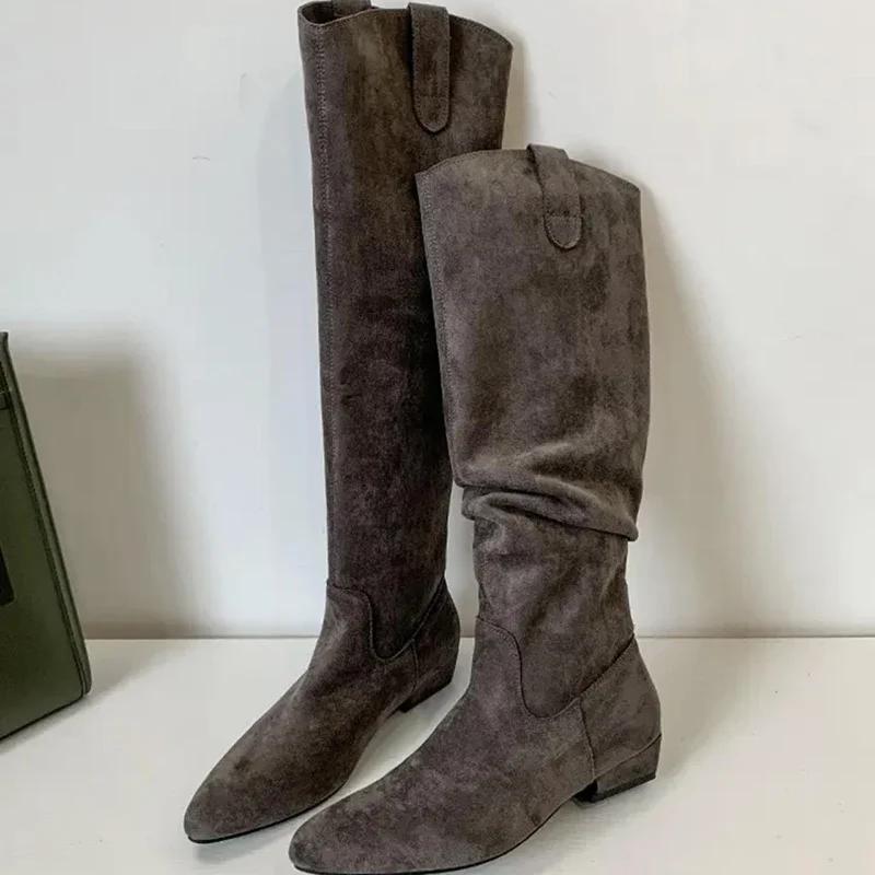 Vintage Women Western Knee High Boots Fashion Pleated Long Booties Concise Square Low Heels Shoes