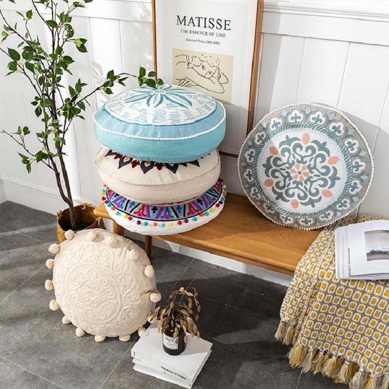 Moroccan Style Throw Pillow Embroider Craft Meditation Pouf Indian Bohemian Style Pom-pom Unstuffed Seat Cushion Ottoman Covers