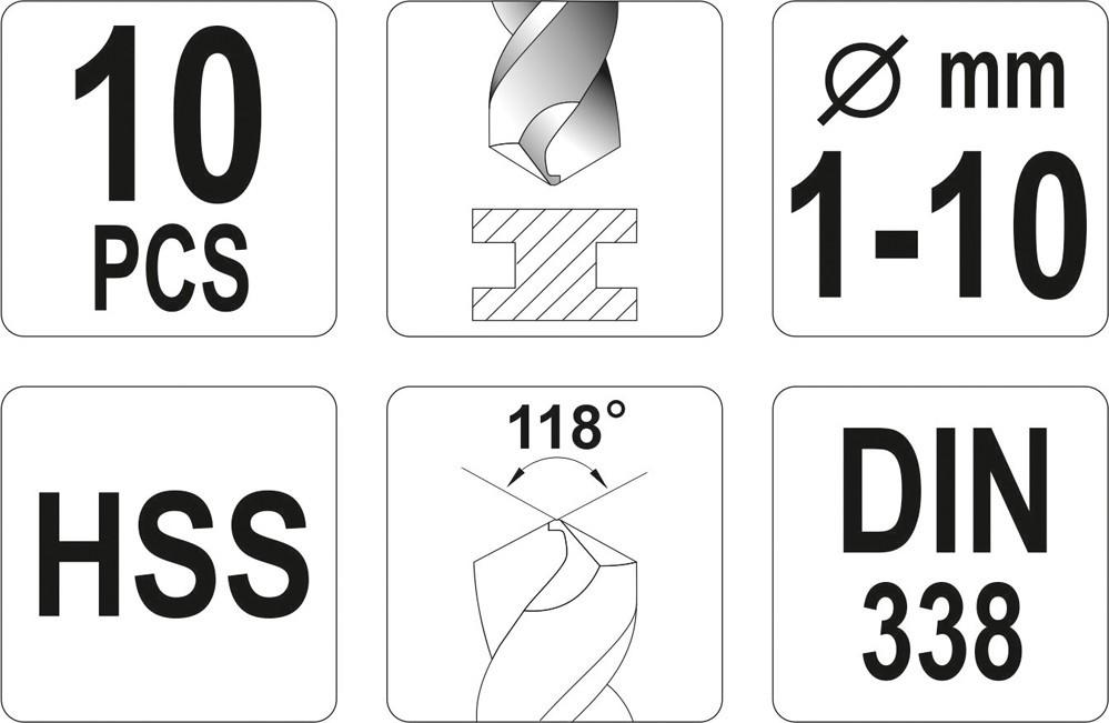 HSS Metal Drill Bits, 1-10 Mm, Set. 10 Pcs. YT-4461 YATO