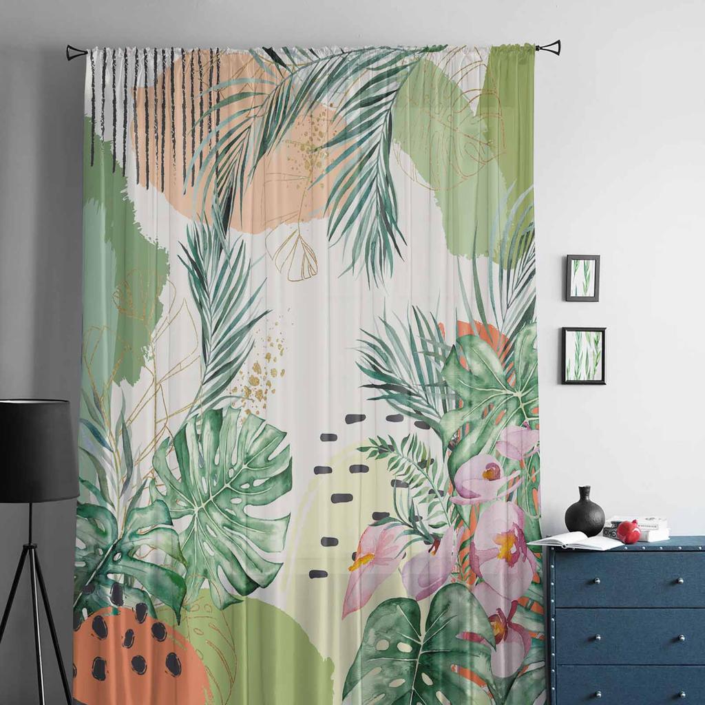 Summer Tropical Palm Leaf Watercolor Window Tulle Curtains for Living Room Bedroom Hotel Luxury Decoration Sheer Curtains