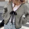 Women Loose Bow Tie Cardigan Sweater Long Sleeve V-neck Knit Top Casual Streetwear Elegant Lace Up Cozy Autumn Outerwears