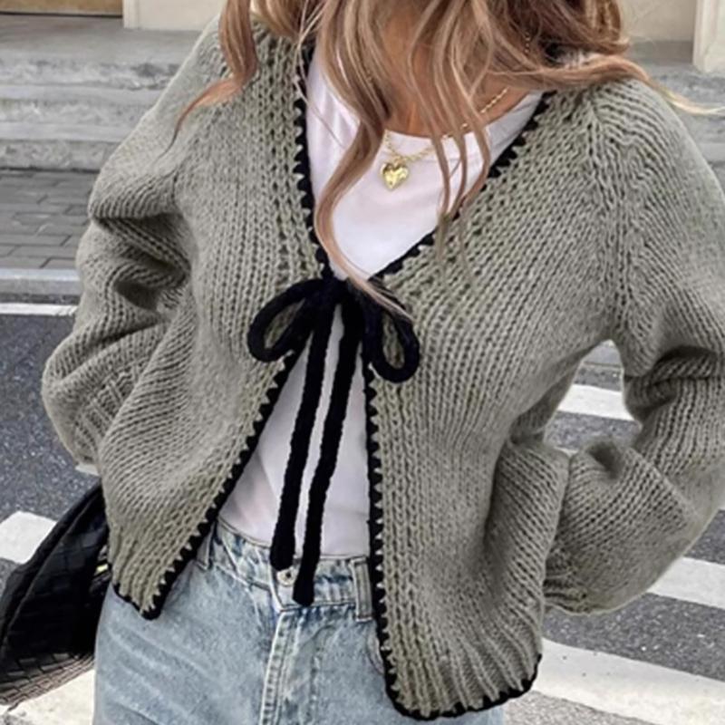 Women Loose Bow Tie Cardigan Sweater Long Sleeve V-neck Knit Top Casual Streetwear Elegant Lace Up Cozy Autumn Outerwears