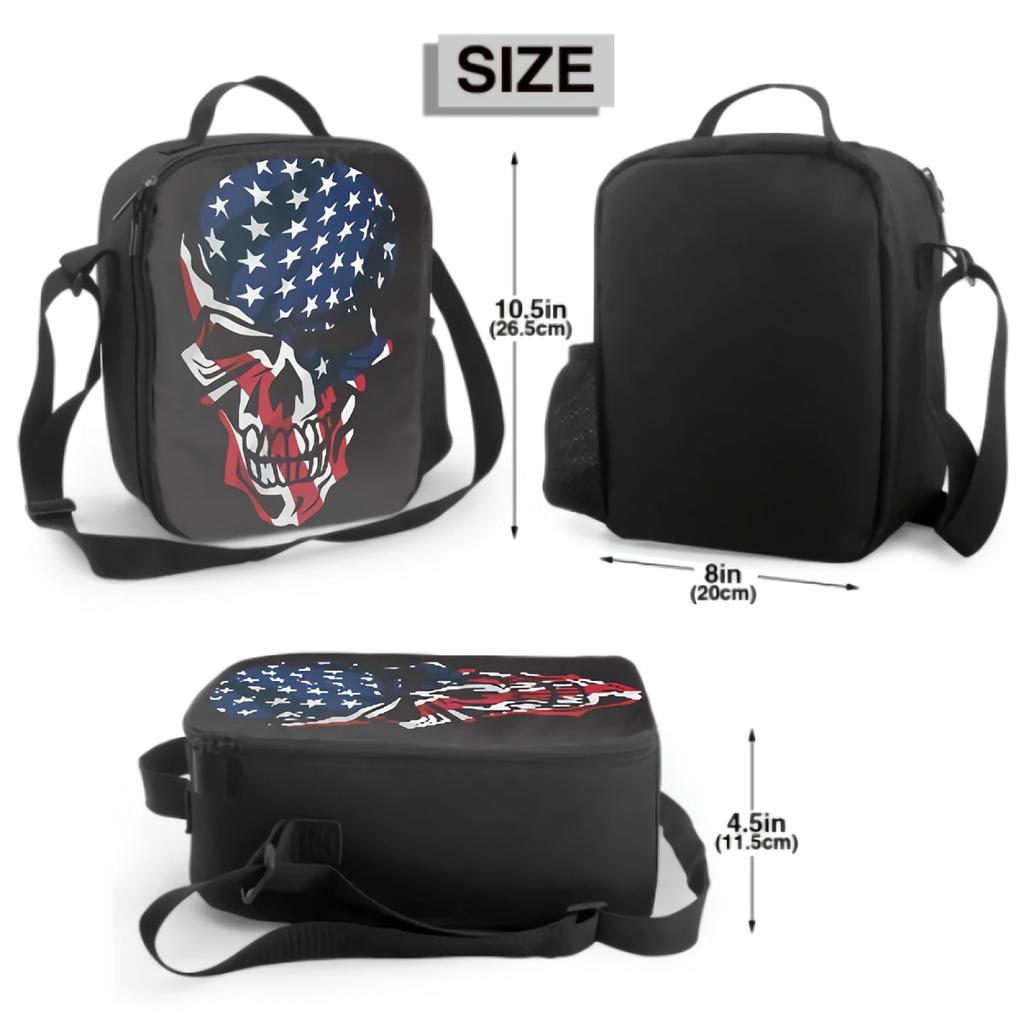 American Flag Skull Head Insulated Lunch Box Leakproof Portable Lunch Bag with Adjustable Shoulder Strap Reusable Cooler Bag