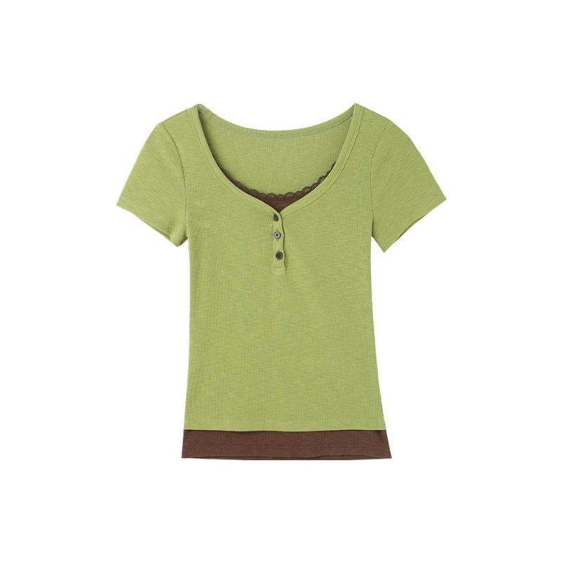 Green fake two-piece splicing front shoulder short-sleeved T-shirt women's summer new slim-fitting and thin Korean crew neck top