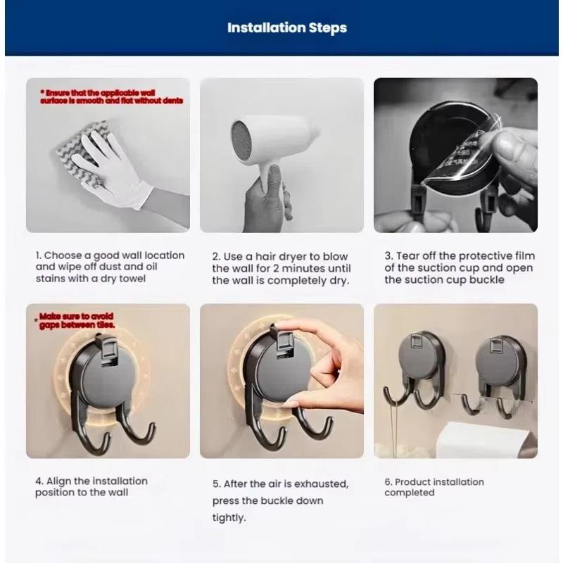 Suction Cup Hook No Drilling Required Dual Hooks Strong Load Bearing Bathroom Kitchen Door Back Clothes Hook