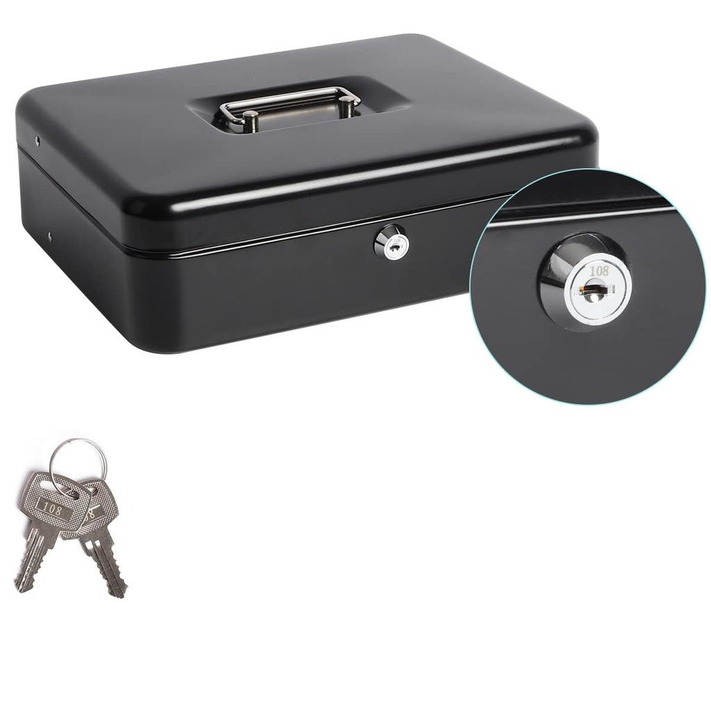 Tomori Metall Handtresor mit Münzfach, drei Federklemmen, Schlüsselschloss, Sparschwein und Banknotenhalter (Schwarz, Schlüsselschloss)