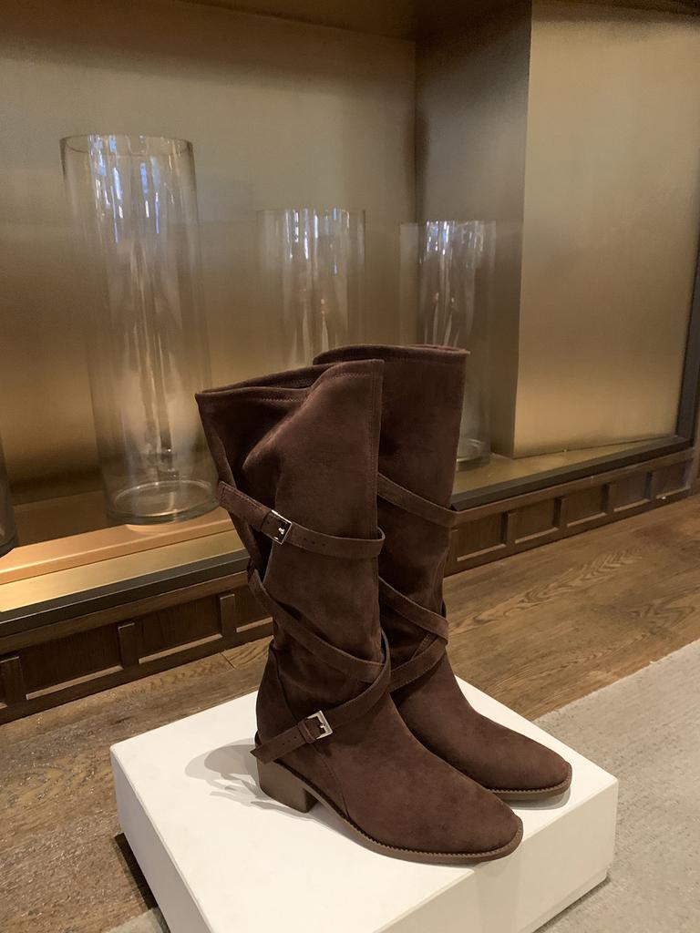 Sheepskin version~ 7cm heightening stack medium boots women's tip round head cross strap retro thick heel long boots knight boots